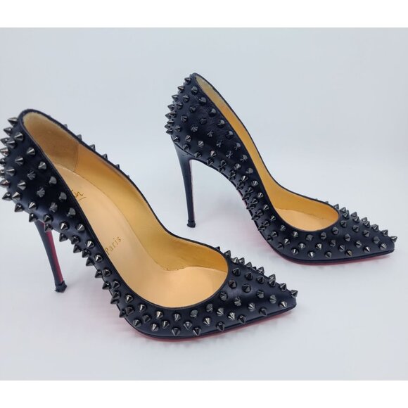 Christian Louboutin Heels "Follies Spike 100" Black Shiny Spike Pumps Size 37 - Picture 4 of 8